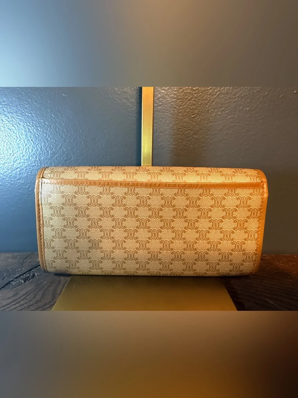 Celine Beige Tan Triomphe Macadam Kiss-lock Wallet with Gold Logo